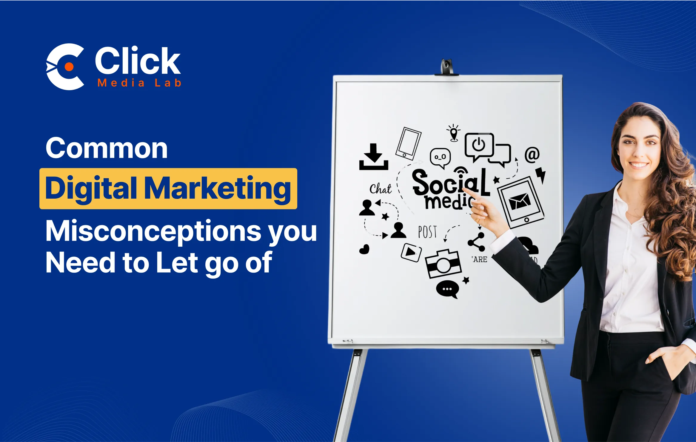 a woman writing on a whiteboard and "Digital marketing misconceptions" text on left side