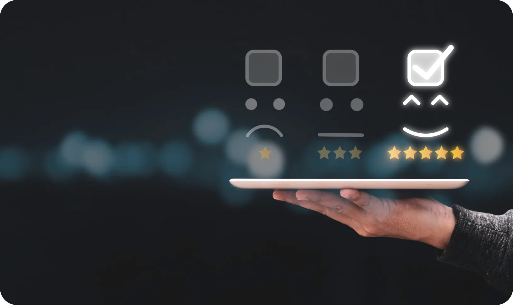 businessman holding tabletand showing customer online evaluation result five star