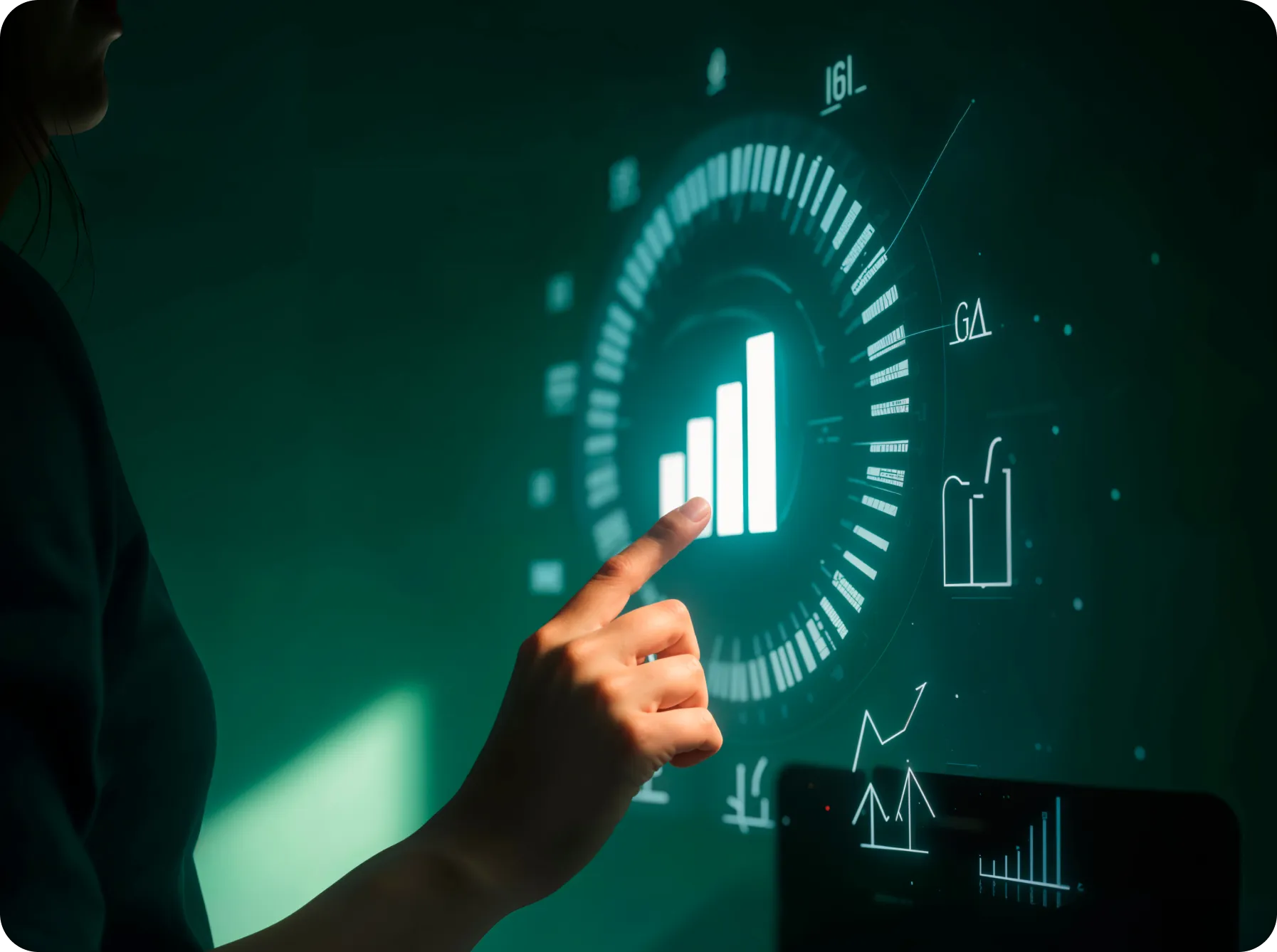 a person touching a screen with a graph